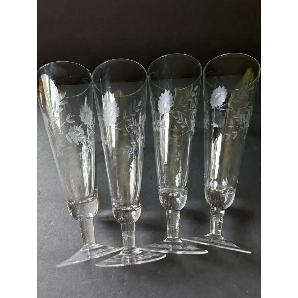 Vintage Etched Crystal Pilsner Glasses Champagne Barware Set (4)Flower Design